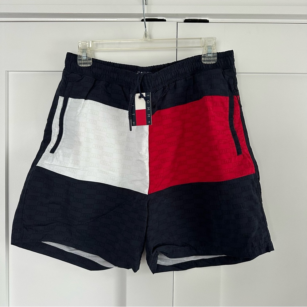 NWT! Kith x Tommy Hilfiger Navy and Red Monogram Swim Shorts